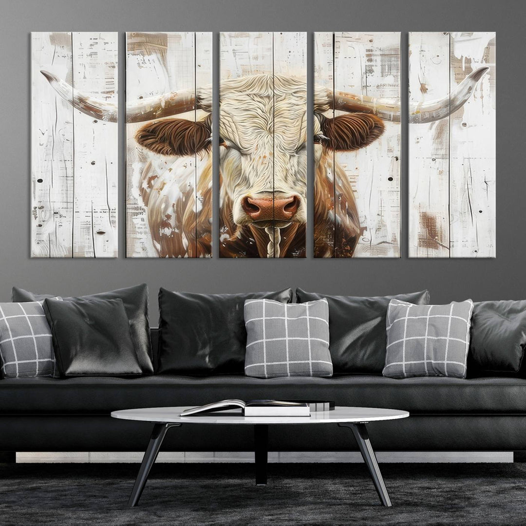 The dimly lit room is enhanced with Western charm by the Rustic Longhorn Bull Wall Art Canvas Set—Western-Inspired Farmhouse Décor, elegantly displayed on the wall.