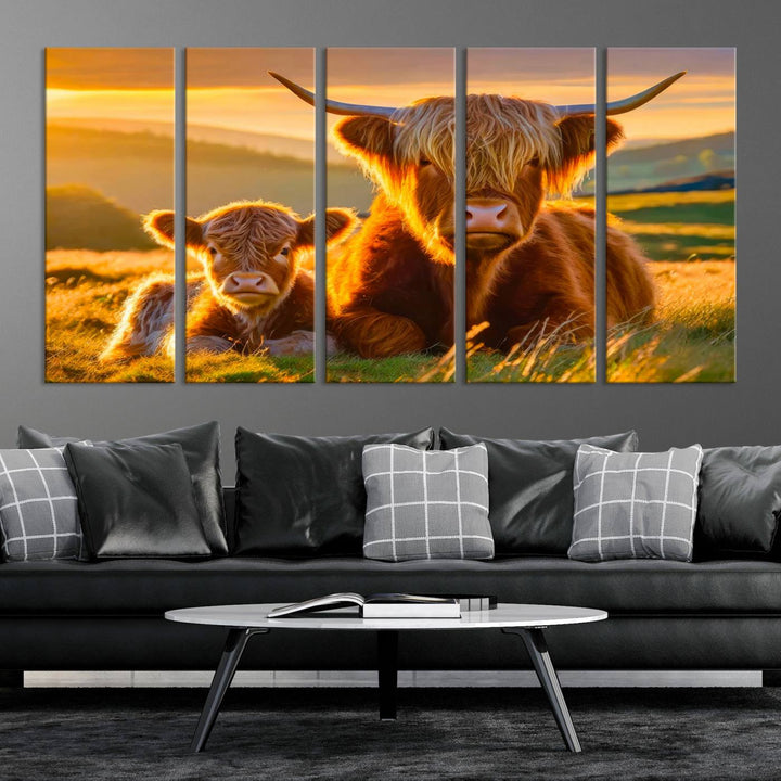 The living room showcases a gallery-quality finish with the Scottish Cow and Baby Cow Canvas Wall Art, featuring a charming animal print of fluffy cattle as the centerpiece. This stunning piece is displayed on premium canvas, creating an inviting atmosphere.