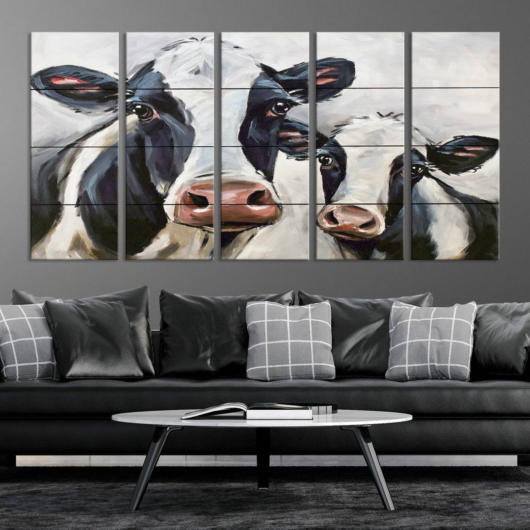 The Vintage Baby and Mom Cattle Wall Art Canvas Print is prominently displayed, adding a touch of contemporary and farmhouse decor to the modern living room.