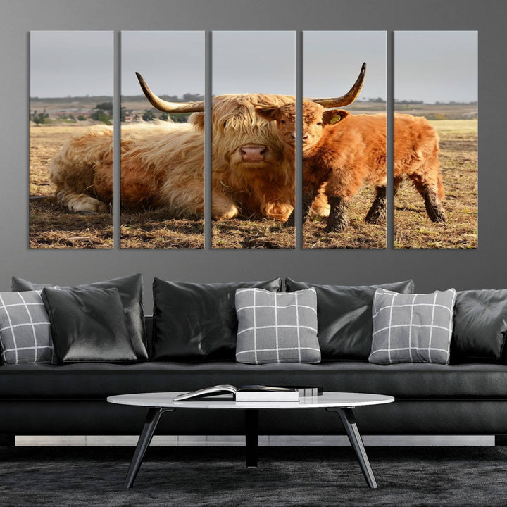 The three-panel canvas artwork, titled "Highland Cow Canvas Wall Art Animal Print for Farm House Decor," features a serene scene of a resting Highland cow and calf in a field. The piece highlights its gallery-quality finish.