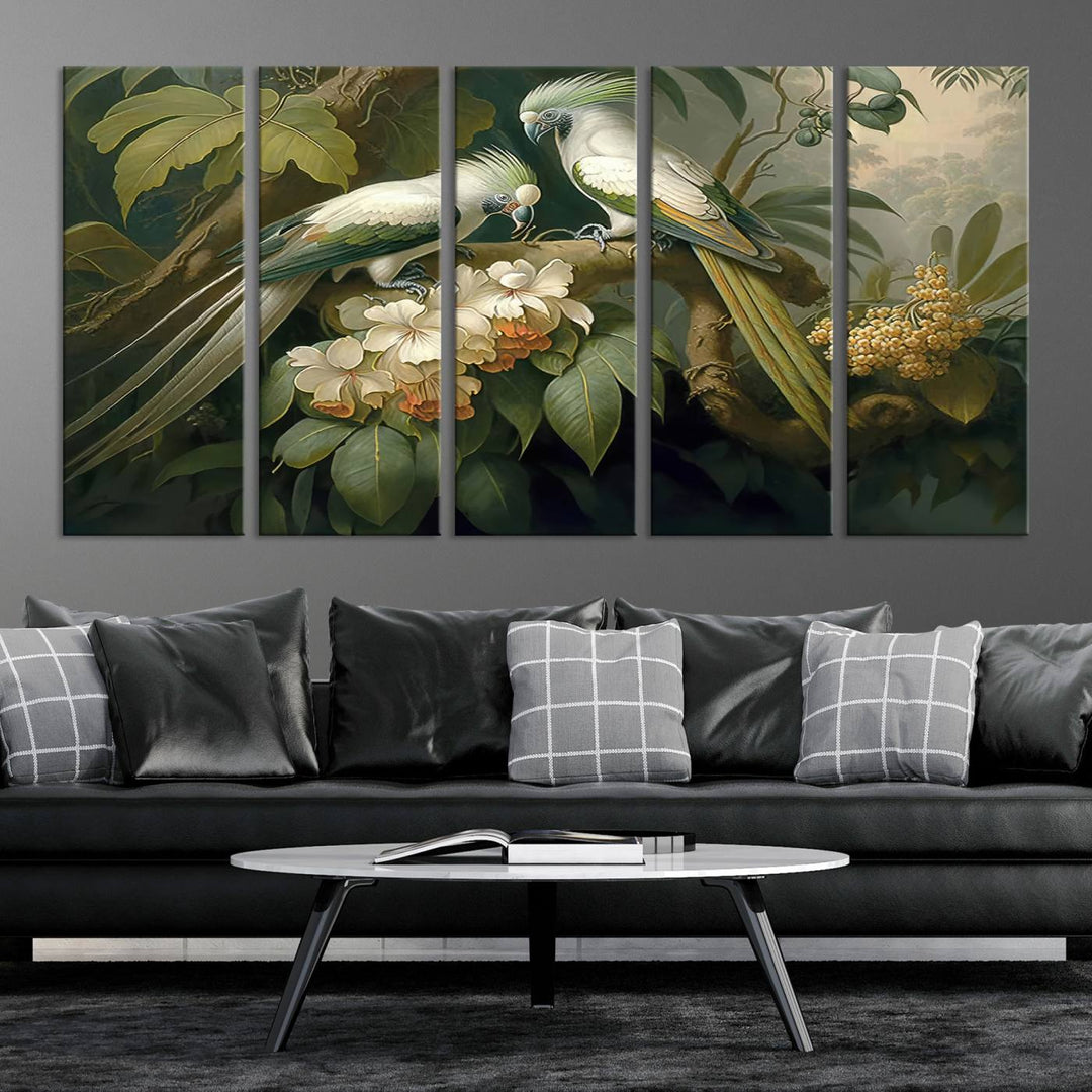 Crafted in the USA, this Tropical Paradise Print wall art features a stunning parrot amidst a lush forest and beautiful flowers.