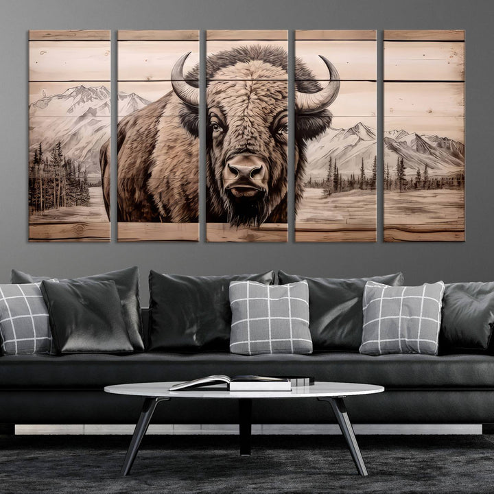 A stunning triptych artwork from the "Bison Canvas Wall Art American Buffalo Print Rustic Decor for Farmhouse Wall Art" collection graces the modern living room. Its vibrant colors are enhanced by museum-quality canvas and a UV-protective coating. The gallery-wrapped piece adds elegance to the space.