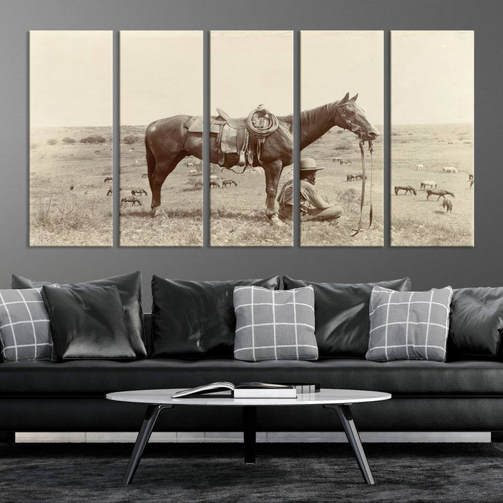 The "Serene Cowboy and Horse Resting on the Prairie" canvas print beautifully captures the essence of the American West, featuring a vintage cowboy resting under his horse in a grassy field with grazing cattle. This ready-to-hang western wall art adds a touch of nostalgia to any space.