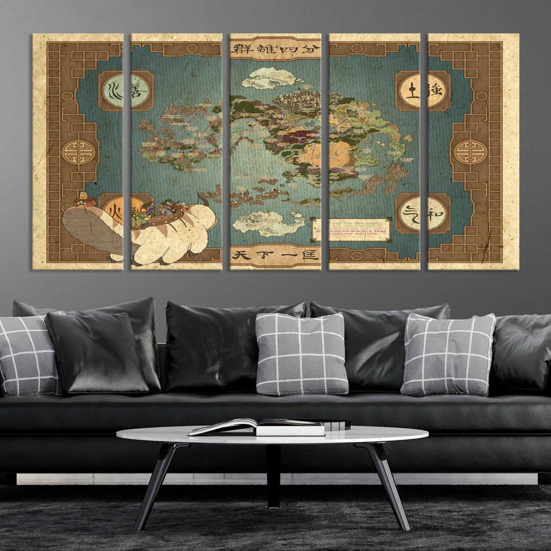 Hanging above is the Avatar: The Last Airbender Vintage Map - Wall Art Canvas Print, framed and ready to hang, showcasing an enchanting glimpse into the iconic four nations design.