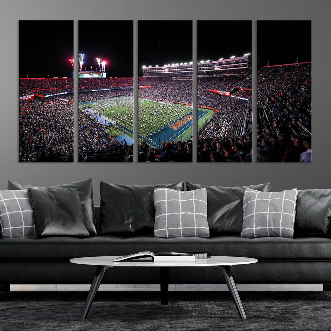 Ben Hill Griffin Stadium Night Game Triple Canvas Wall Art - Florida Gators Football Match