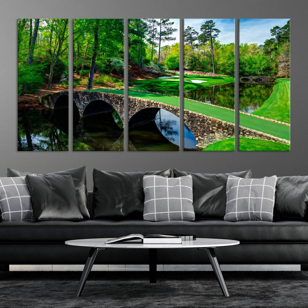 Augusta National Golf Club Wall Art - Panoramic Bridge & Lush Greenery – Premium Framed, Ready-to-Hang Triptych Canvas