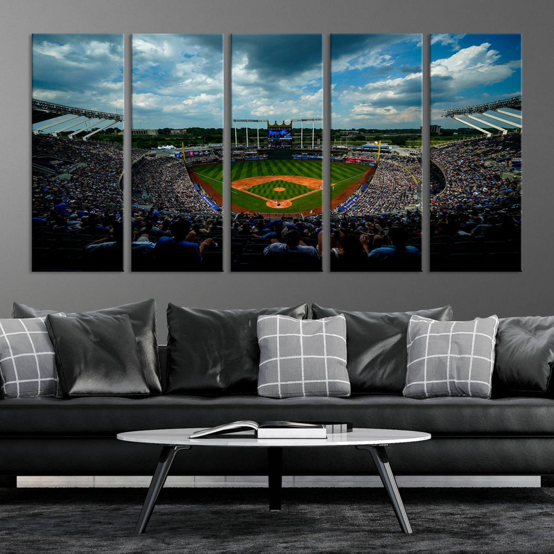 Kauffman Stadium Day Game Triple Canvas Wall Art - Kansas City Royals MLB Match