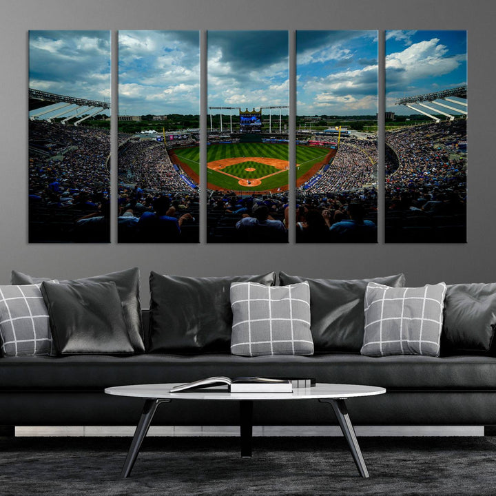 Kauffman Stadium Day Game Triple Canvas Wall Art - Kansas City Royals MLB Match