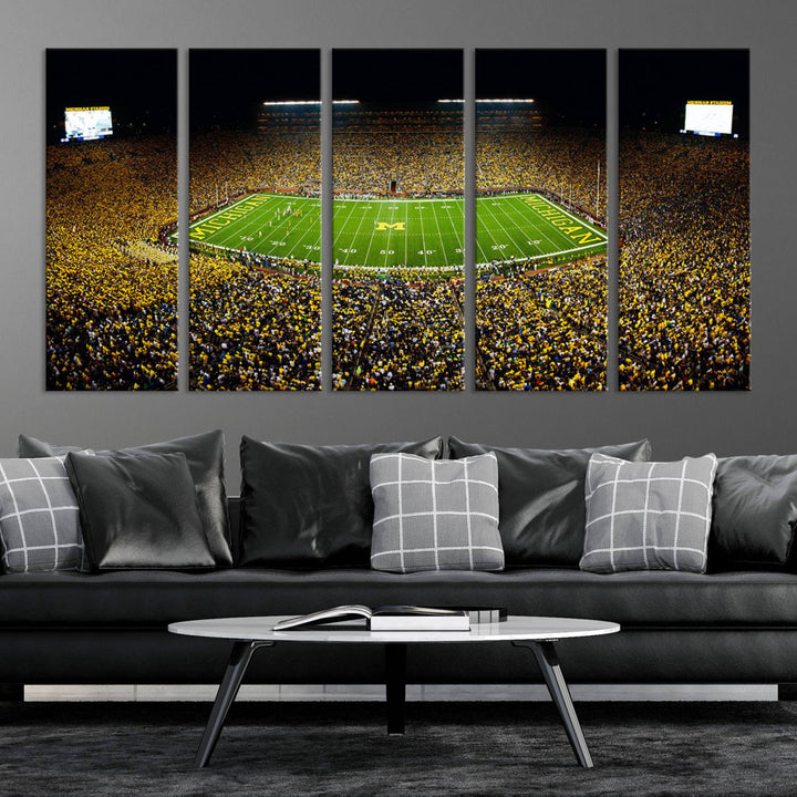 Michigan Wolverines Football Team Print - Michigan Stadium Night Game Triple Canvas Wall Art - University of Michigan Football Match