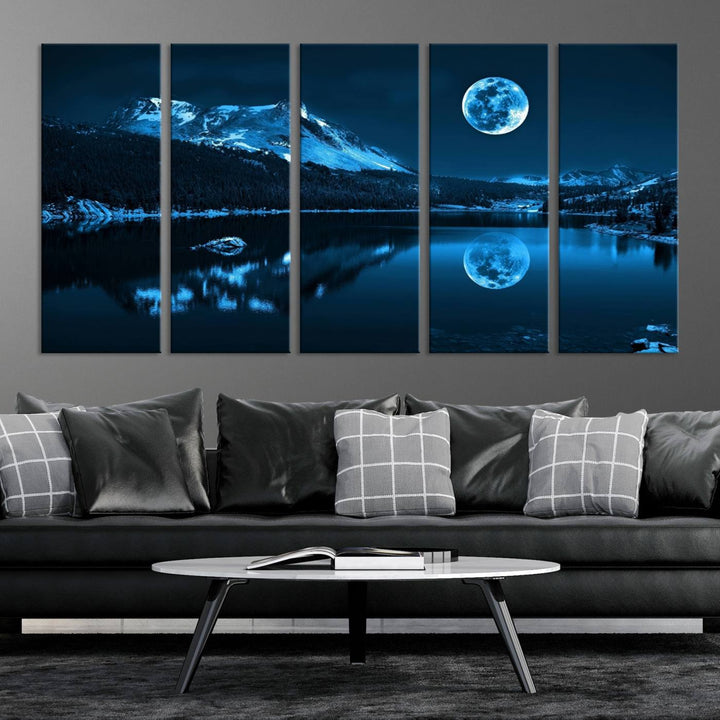 Blue Moon Mountain Lake Landscape Framed Wall Art Canvas Print