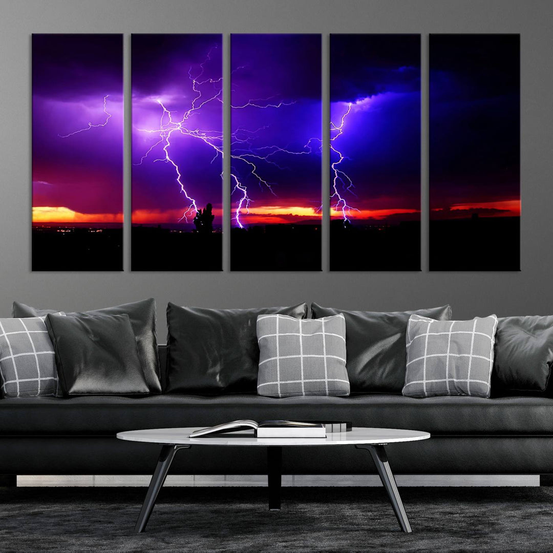 Electrifying Sunset Thunderstorm Canvas Print – Dramatic Lightning and Vibrant Sunset Wall Art