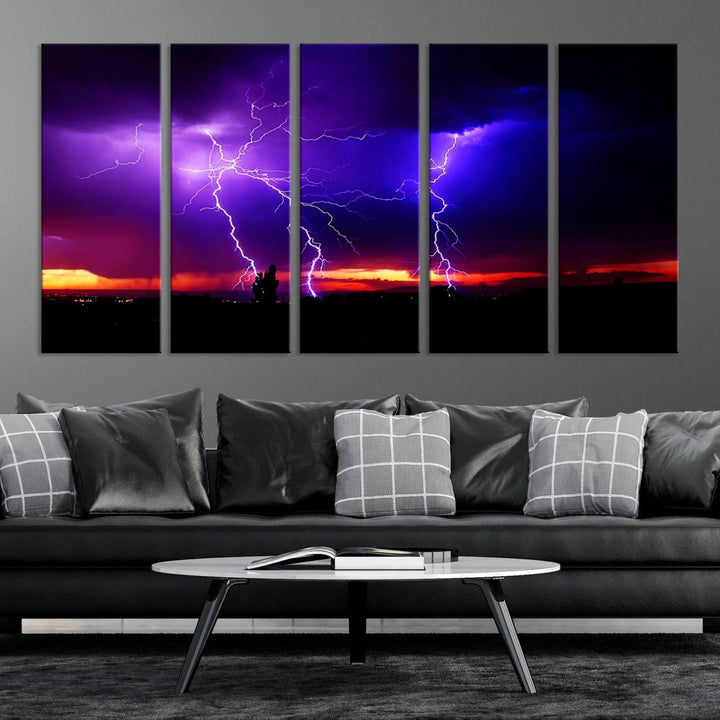 Electrifying Sunset Thunderstorm Canvas Print – Dramatic Lightning and Vibrant Sunset Wall Art