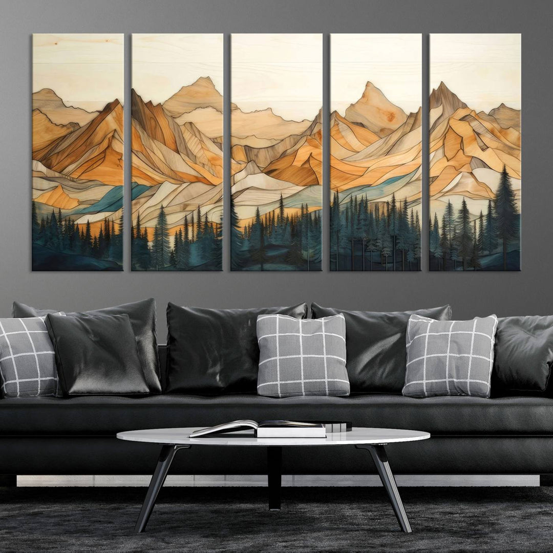 Rustic Wood Style Mountain Wall Art Print | Triptych Giclee Print Featuring Handcrafted Forest and Mountain Range Design | Framed Ready-to-Hang Print