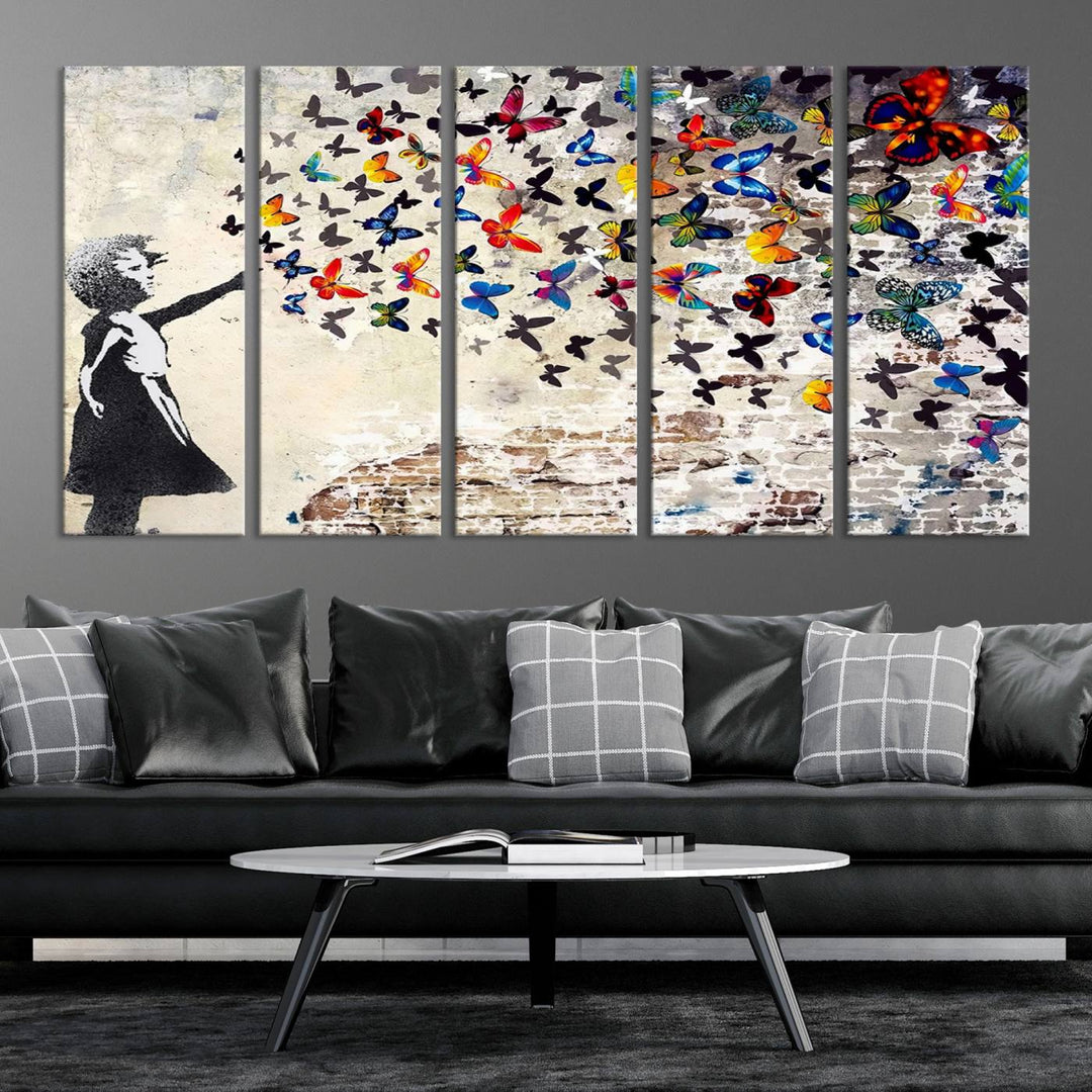 Banksy Style Girl with Butterflies Wall Art - Beautiful Framed Ready-to-Hang Triptych Canvas - Vibrant Butterfly Street Art for Modern Decor