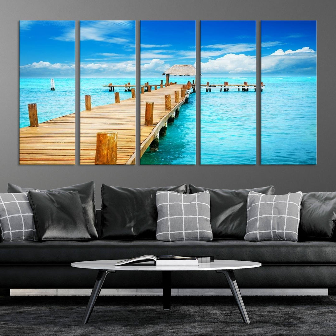 Tropical Pier Triptych Wall Art, Stunning Turquoise Ocean and Wooden Dock Canvas Print, Coastal Beach House Decor, Ocean View Canvas Art