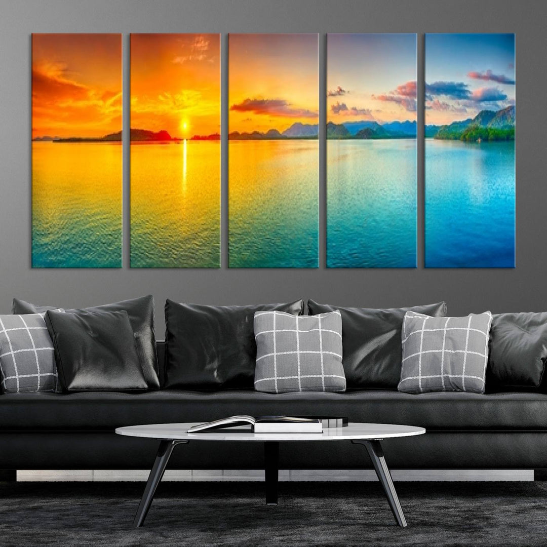 Wall Art Canvas Print Colorful Sunset Sea and Mountain Artwork