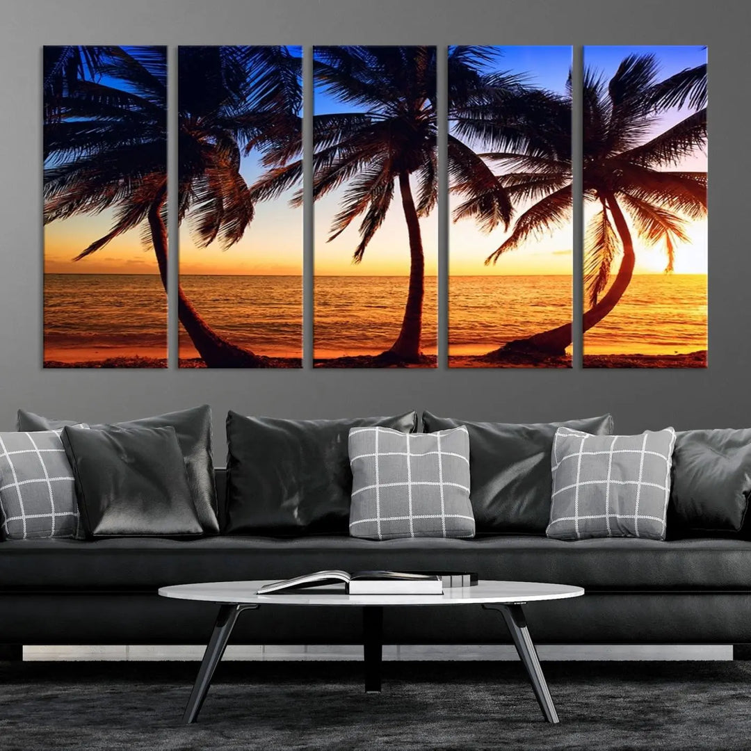 The living room features a wall adorned with the "Wall Art Canvas Curve Palms at Sunset on Beach," showcasing gallery-wrapped, museum-quality canvases in a stunning triptych.