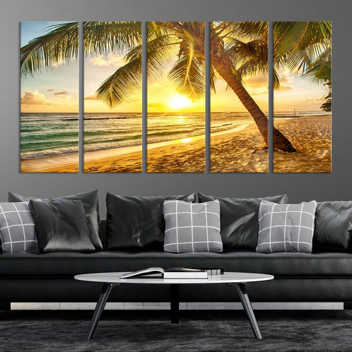 Wall Art Canvas Print Palm on Beach at Bright Sunset