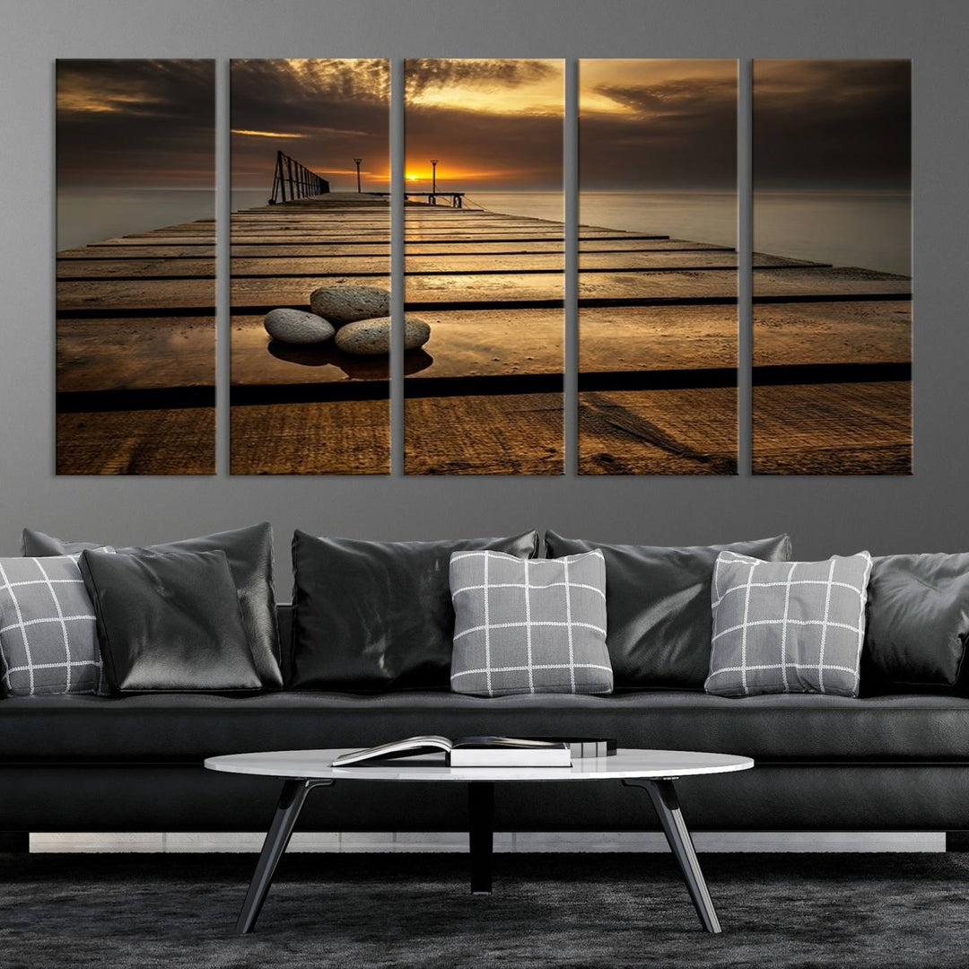 Stones on Wooden Pier at Sunset Wall Art Canvas