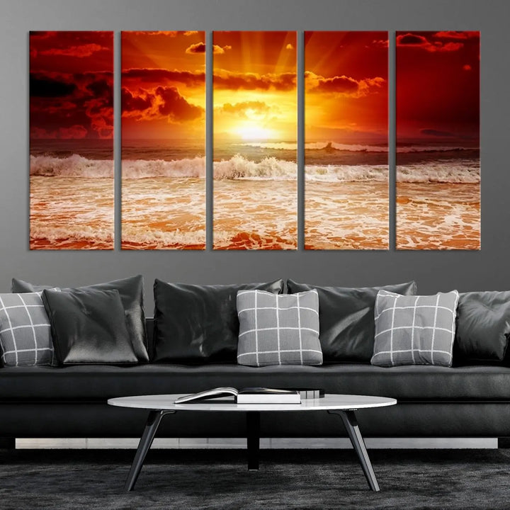 In a modern living room, the vibrant "Wall Art Canvas Perfect Sunset Turns Colour of Sea and Sky to Red," printed on museum-quality canvas, stands out. A floor lamp casts warm light over the ready-to-hang artwork, which includes a UV-protective coating to ensure lasting brilliance.