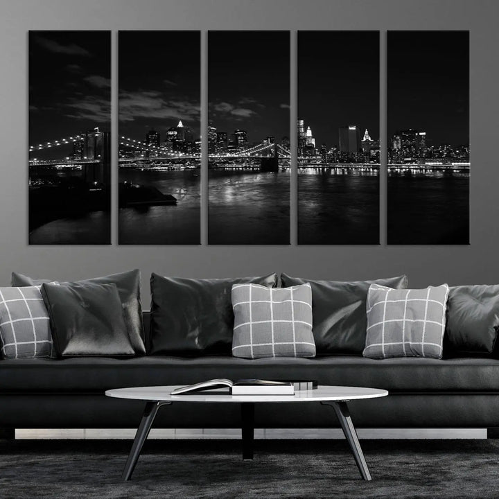 The "NEW YORK Canvas Prints Black and White Brooklyn Bridge Print" is a stunning triptych showcasing the iconic city skyline and bridge. Printed on museum-quality canvas with a UV-protective coating, it is ready to hang and instantly elevates your decor.