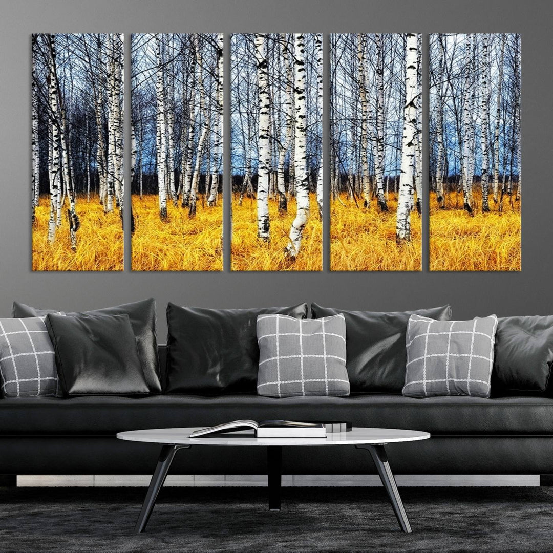 Impression d’art mural de bouleaux, art mural paysage, impression sur toile, arbres sans feuilles sur fond jaune