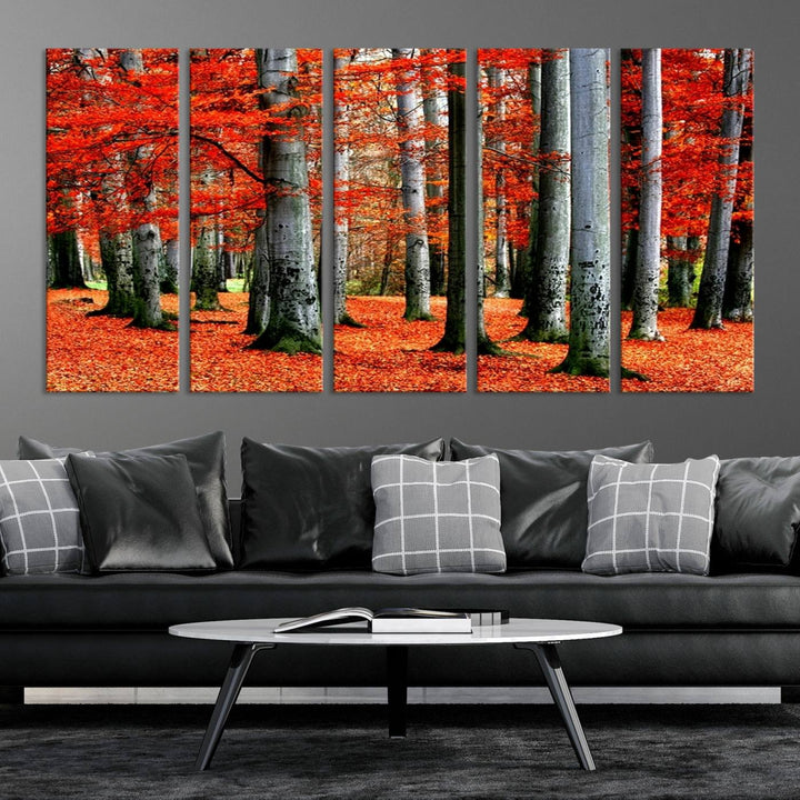 Wall Art Landscape Canvas Print Red Leaves on Trees on Red Ground