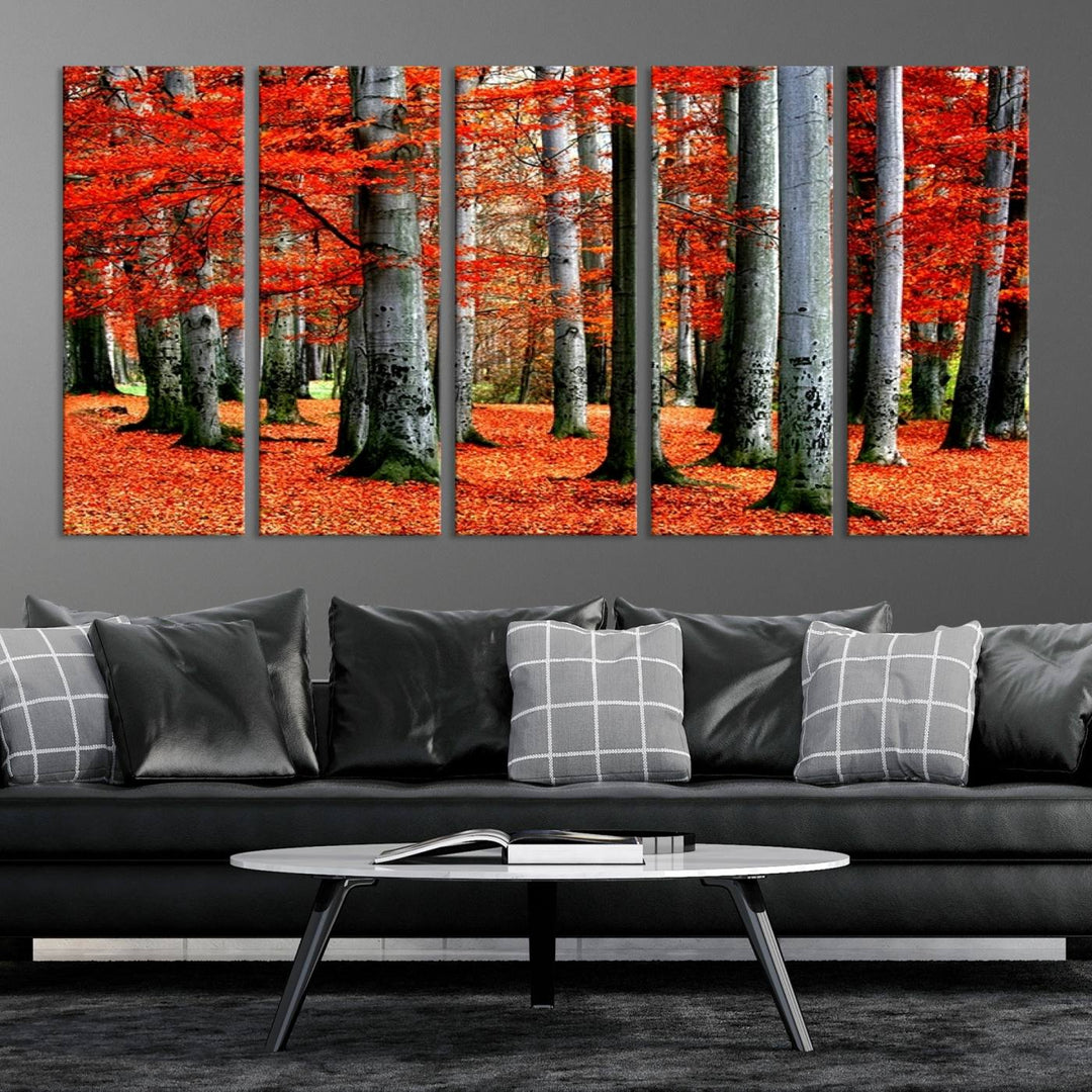 Impression sur toile de paysage d'art mural, feuilles rouges sur des arbres sur fond rouge