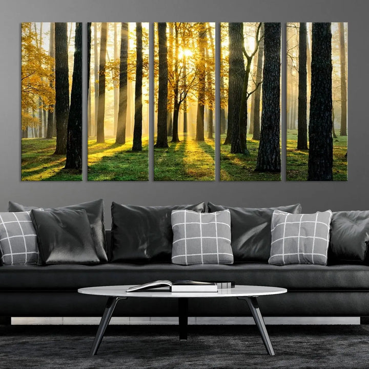 The living room is enhanced by the "Wall Art Landscape Canvas Print Tall Trees in Forest at Sunset" on museum-quality canvas. This triptych, complete with a UV-protective coating, is ready to hang and adds an artistic touch to the space.