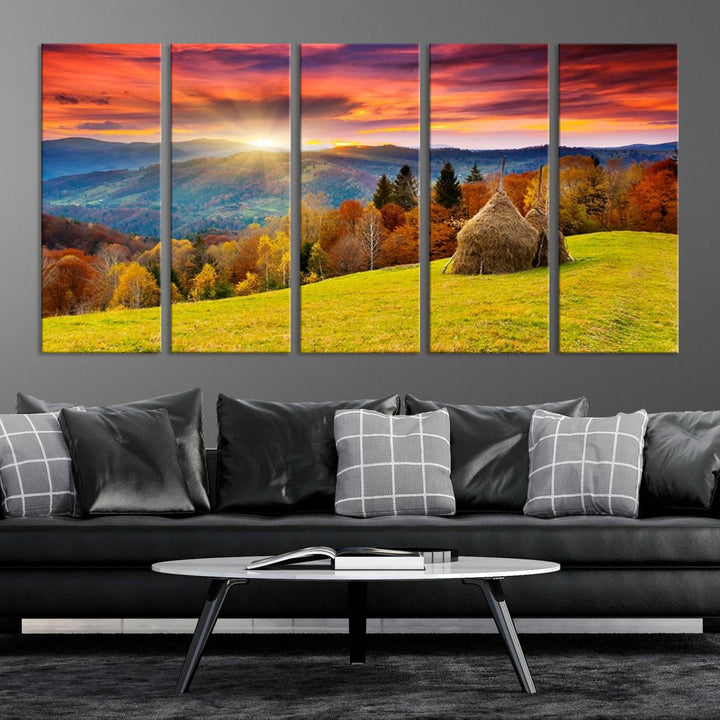 Impression sur toile de paysage d'art mural, tous les tons de vert au coucher du soleil