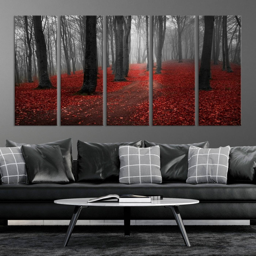 Wonderful Forest artwork: Triptych with red leaves, ideal for nature lovers.