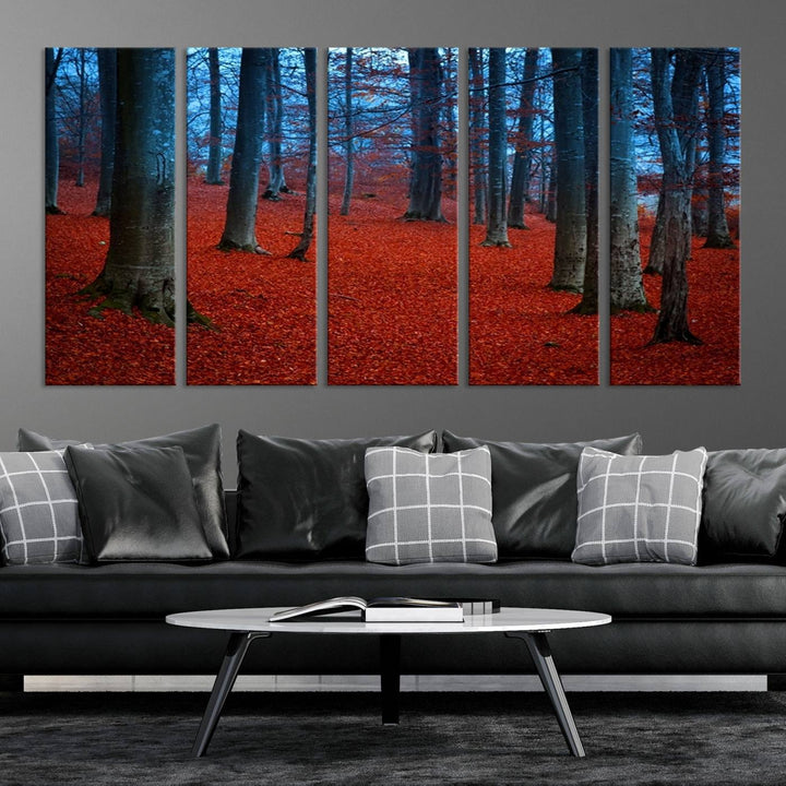 Impression sur toile de paysage d'art mural, feuilles rouges dans la forêt bleue