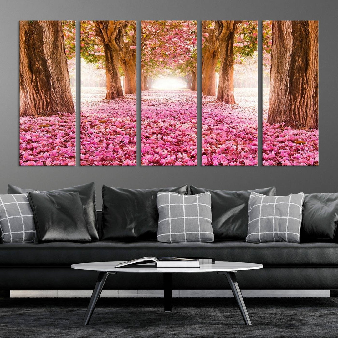 Blossom Cherry Canvas Print Walking on Pink Flowers Between Trees