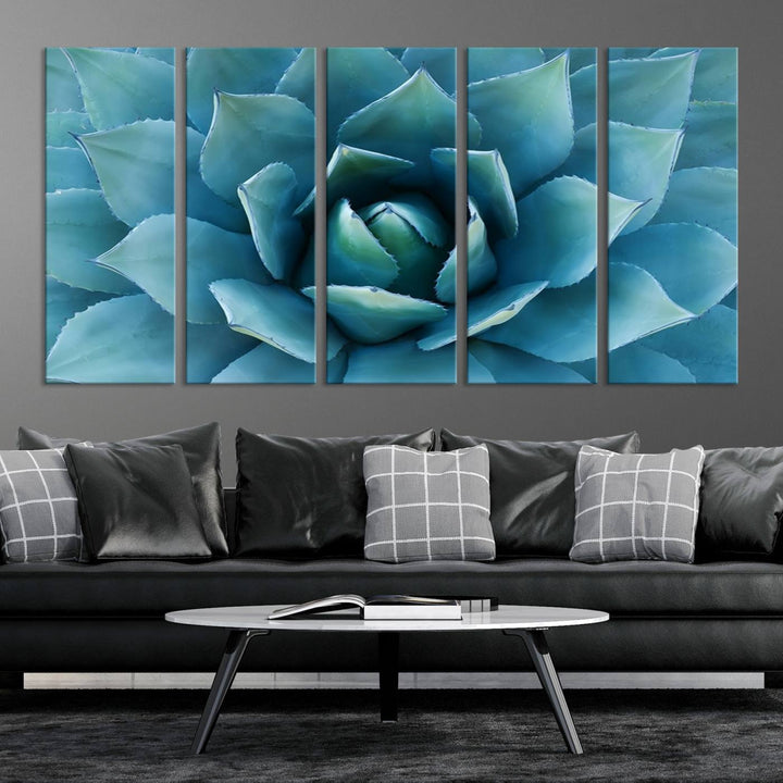 A stunning Large Agave Succulent Canvas Wall Art, a botanical close-up print perfect for modern living rooms, hangs prominently.