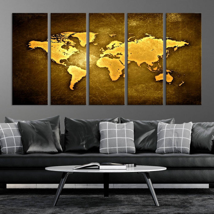 Yellow World Map on Metalic Yellow Background 