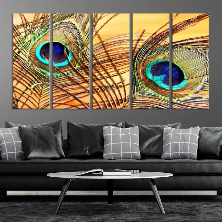 The Peacock Feather Wall Art Print, showcasing a vibrant green, blue, and orange feather design and ready to hang, adorns the space.