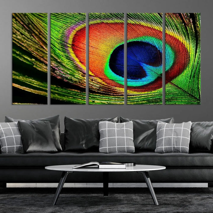 The living room features the "Colorful Peacock Feather Wall Art Print," showcasing a vibrant green, blue, and orange design elegantly displayed above a modern sofa.