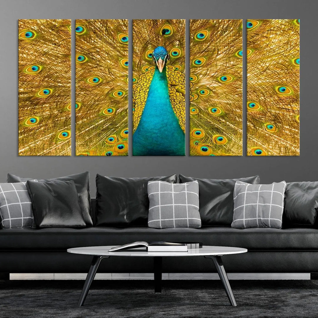 The Peacock Wall Art Canvas Print, featuring a vibrant triptych design of a peacock with intricate feather details and printed on museum-quality canvas with UV-protective coating, brings an artistic flair to the elegant space. Ready to hang, it enhances the modern living room with its striking presence.