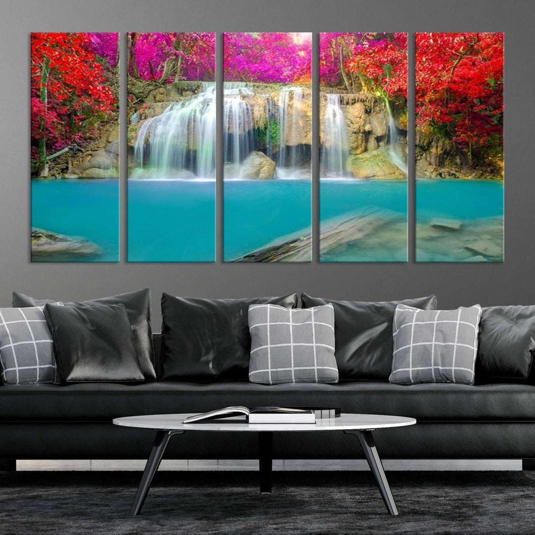 Wall Art Waterfall Landscape with Pink and Red Flowers in Forest Canvas Print