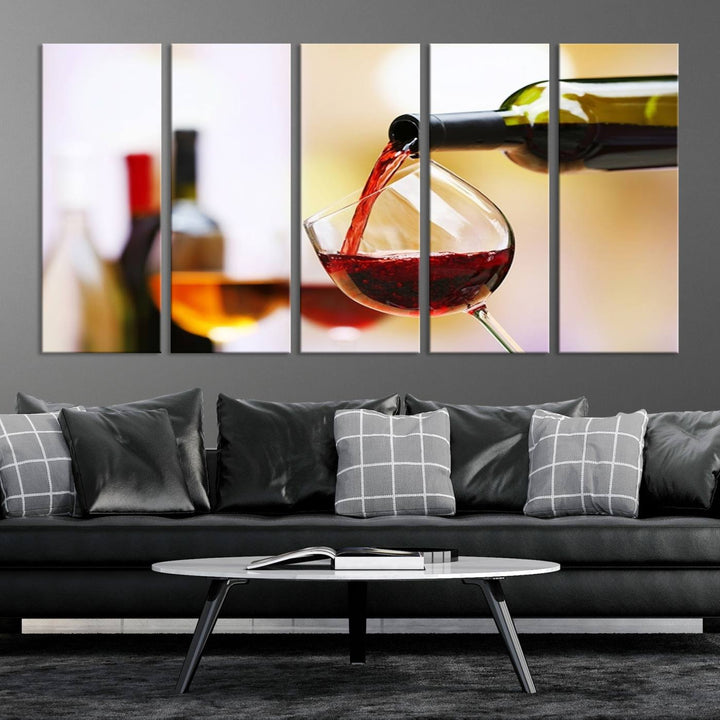 The Filling Red Wine into Glass Red Wine Canvas Print showcases a wine bottle pouring red wine into a glass. This scene, captured on museum-quality canvas, promises timeless elegance and comes with free shipping for effortless delivery to your doorstep.