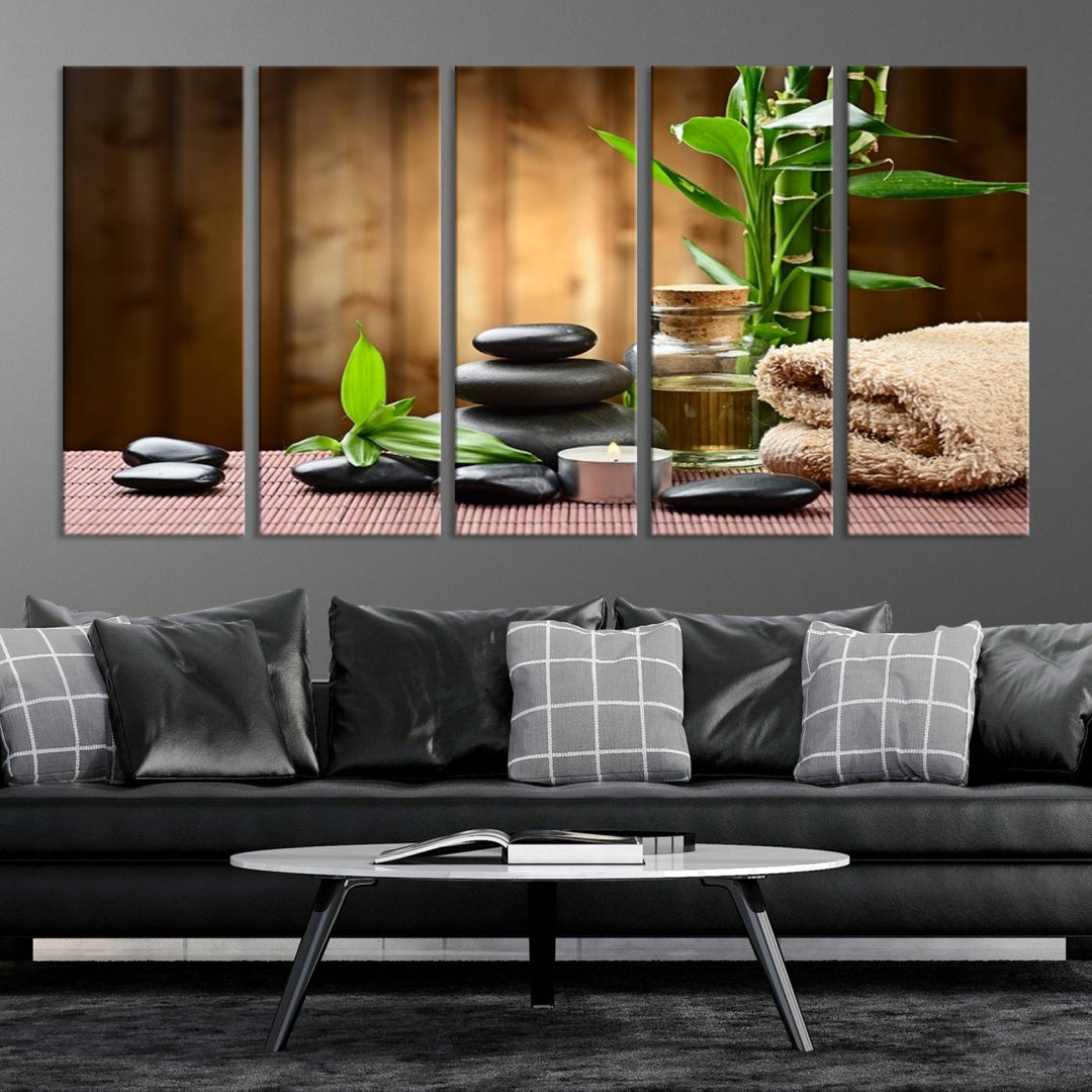 Zen Serenity Triptych Canvas Art, Pink Lotus Flower and Balancing Stones Wall Art, Tranquil Water Lily Canvas Print