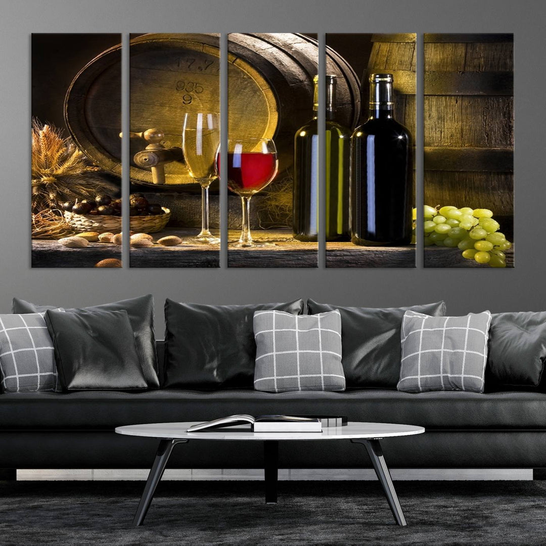 Explore the "Wall Art Red and White Wine with Bottles and Tun Canvas Print," a triptych on gallery-wrapped, museum-quality canvas. Featuring a wine barrel, bottles, and a glass of red wine, it includes a UV-protective coating for lasting vibrancy.