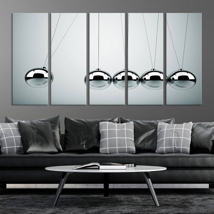 Newton's Cradle Motion Art, Modern Minimalist Metal Sphere Wall Art, Physics-Inspired Kinetic Energy Canvas Print for Office and Home Decor