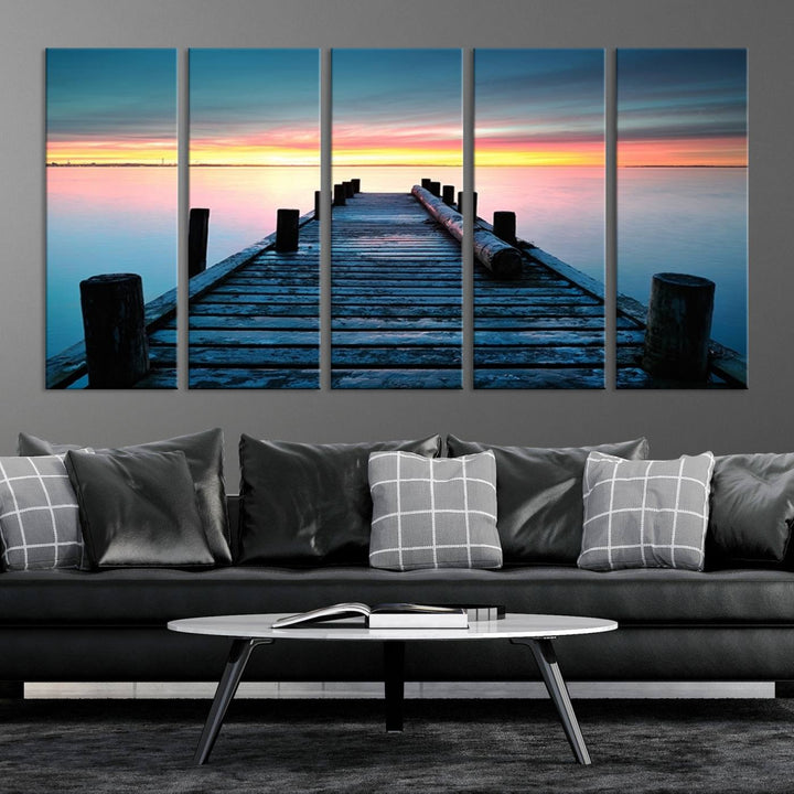 Wall Art Vintage Wooden Pier on Sea at Sunset Canvas Print