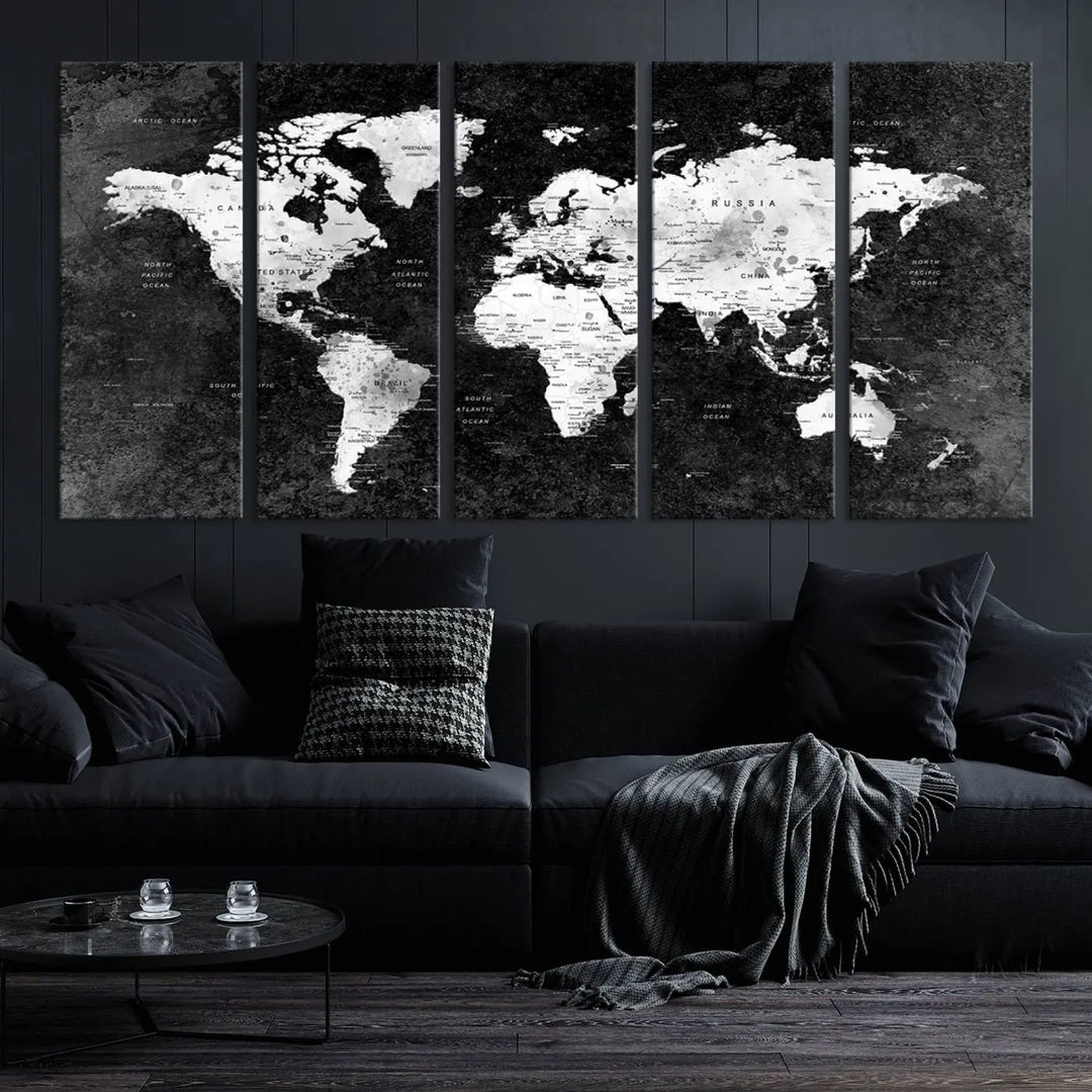 Modern Grayscale World Map 3-Panel Canvas Art | Ready to Hang, Framed | Stylish Minimalist Wall Décor for Home, Office, Living Room, or Study Spaces 