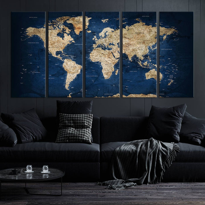 A triptych canvas print titled "Vintage Blue World Map Canvas Print - Classic World Map Design on Deep Blue Wall Art Print" adorns the wall, enhancing the decor with its antique style.