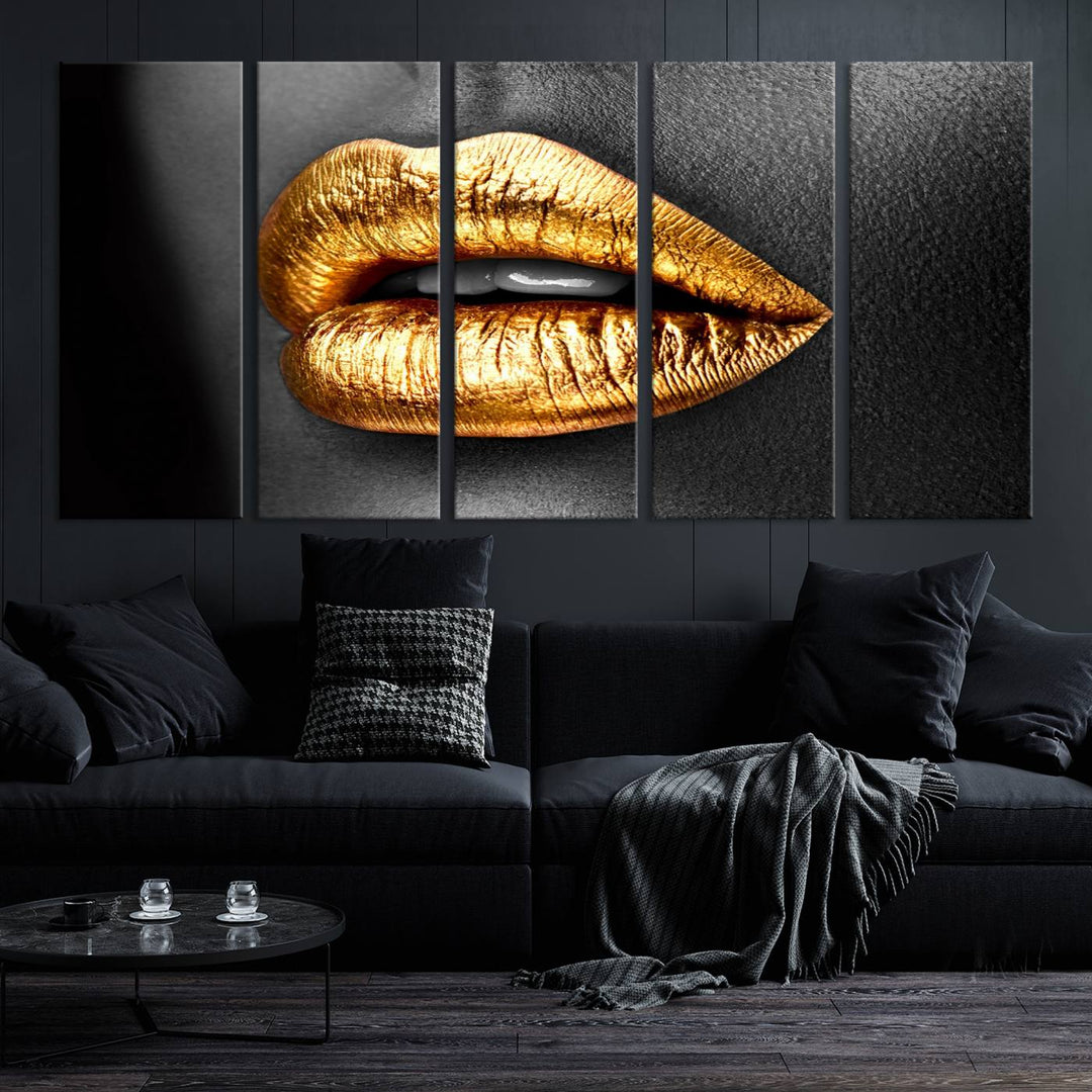 Gold Lips Canvas Wall Art Print Makeup Wall Art Fashion Beauty Canvas Print