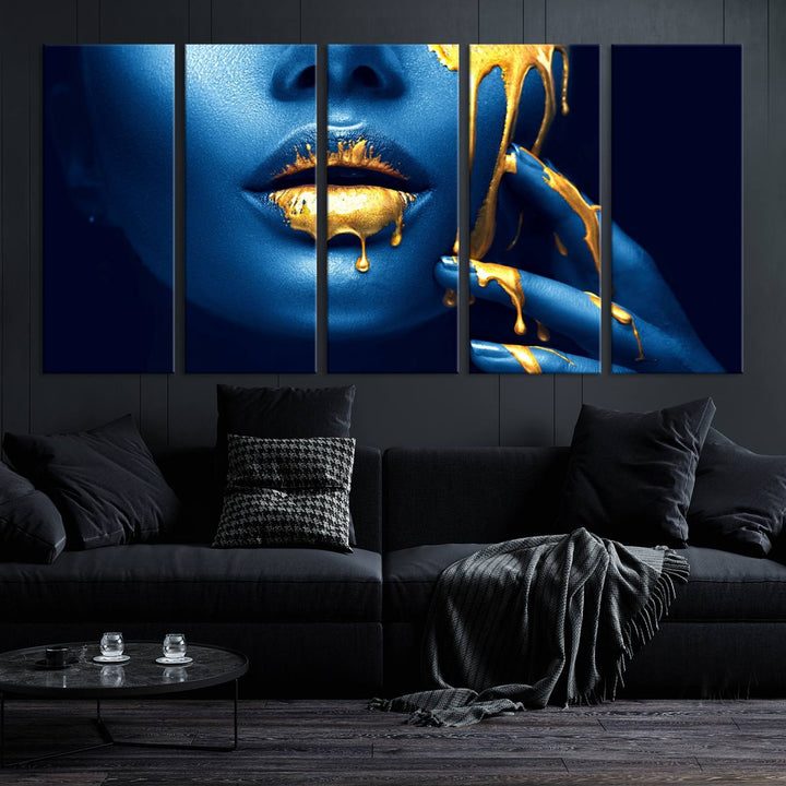 Neón Azul Oro Labios Sensual Fotografía Lienzo Pared Arte Impresión Moda Arte Belleza