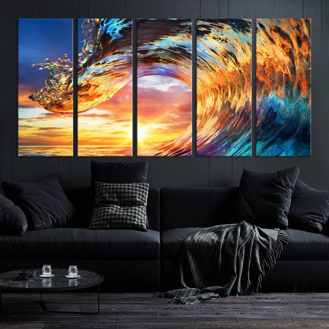 Wave Canvas Wall Art – Multi-Panel Sunset Ocean Scene – Bold and Vibrant Decor for Living Room or Office – Ready to Hang