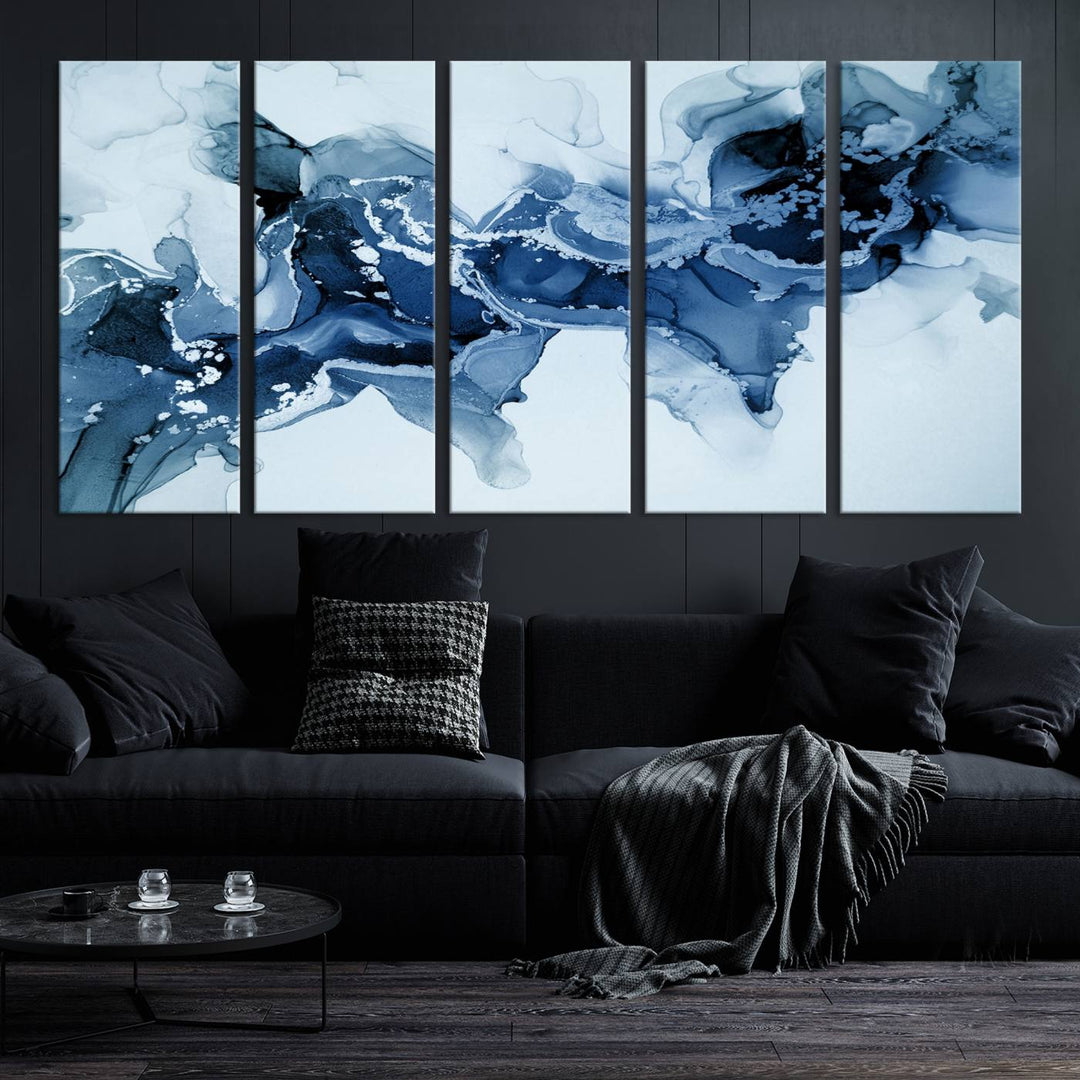 Arte de pared grande con efecto fluido de mármol azul hielo, lienzo abstracto moderno, impresión artística de pared